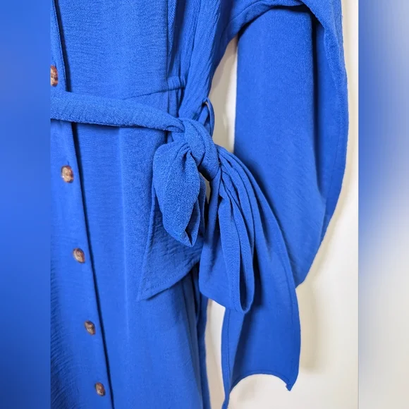 Calvin Klein Blue Button Front Tie Waist Midi Dress Size 10 Corpcore Minimalist - Picture 4 of 10